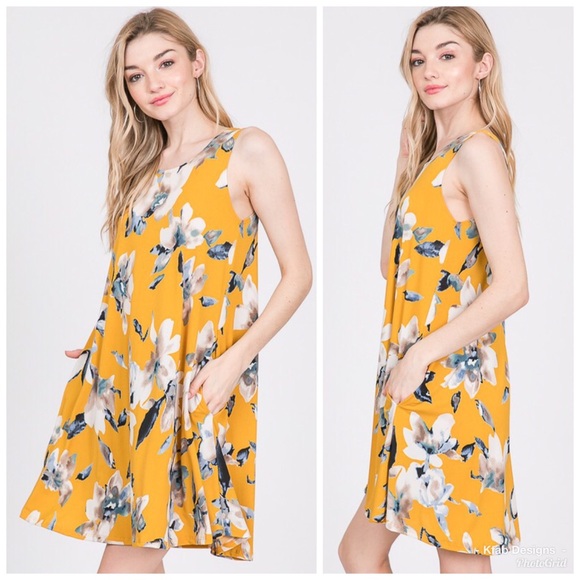❤️LAST 1! Mustard Floral Pocket Swing Dress! - Picture 2 of 5